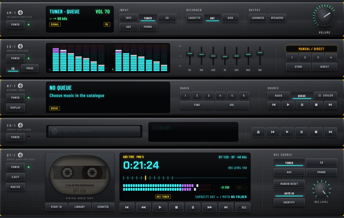 The modern rack playing: amplifier, graphic equaliser, network tuner, CD player and DAT deck, with the meters lit and a tape running