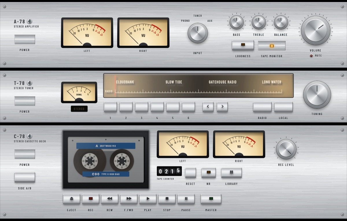 The vintage rack: a silver amplifier, tuner and cassette deck with VU meters, a lit dial and a mechanical tape counter